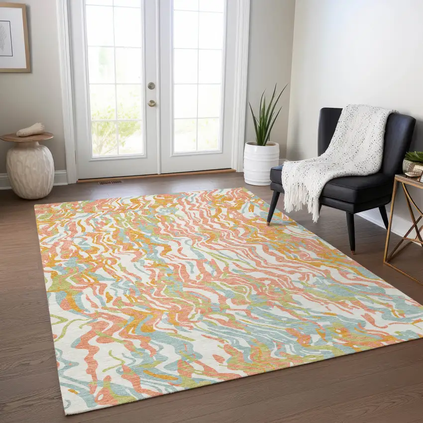 Coral Green And Copper Abstract Washable Indoor Outdoor Area Rug Photo 9