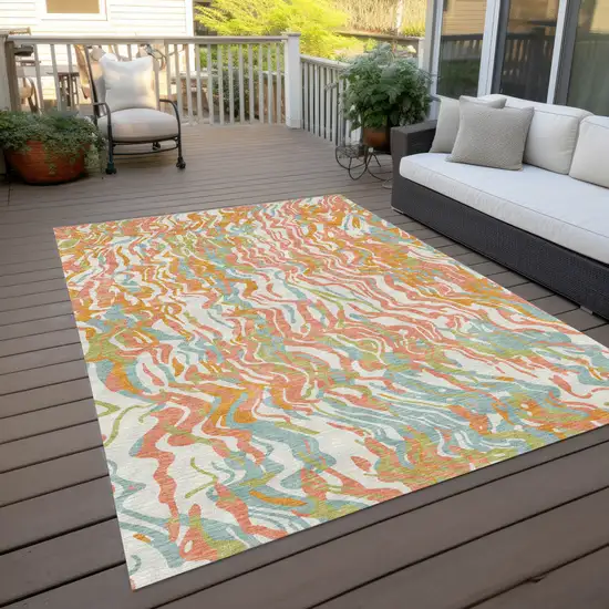 Coral Green And Copper Abstract Washable Indoor Outdoor Area Rug Photo 9