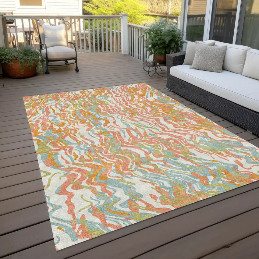 Coral Green And Copper Abstract Washable Indoor Outdoor Area Rug Photo 9