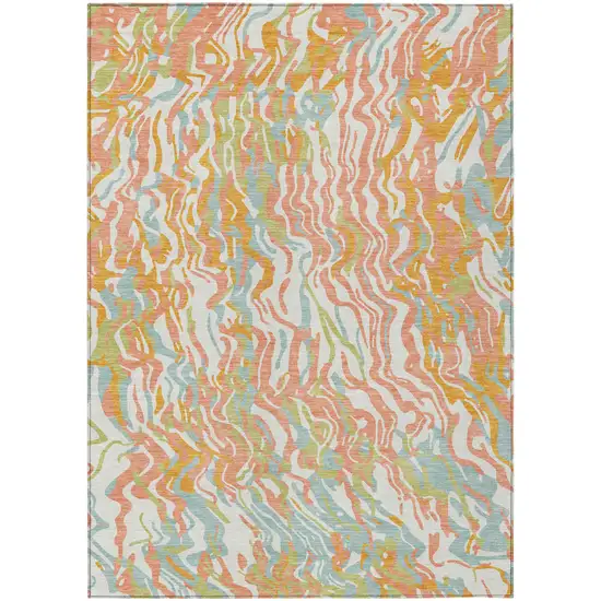 Coral Green And Copper Abstract Washable Indoor Outdoor Area Rug Photo 2