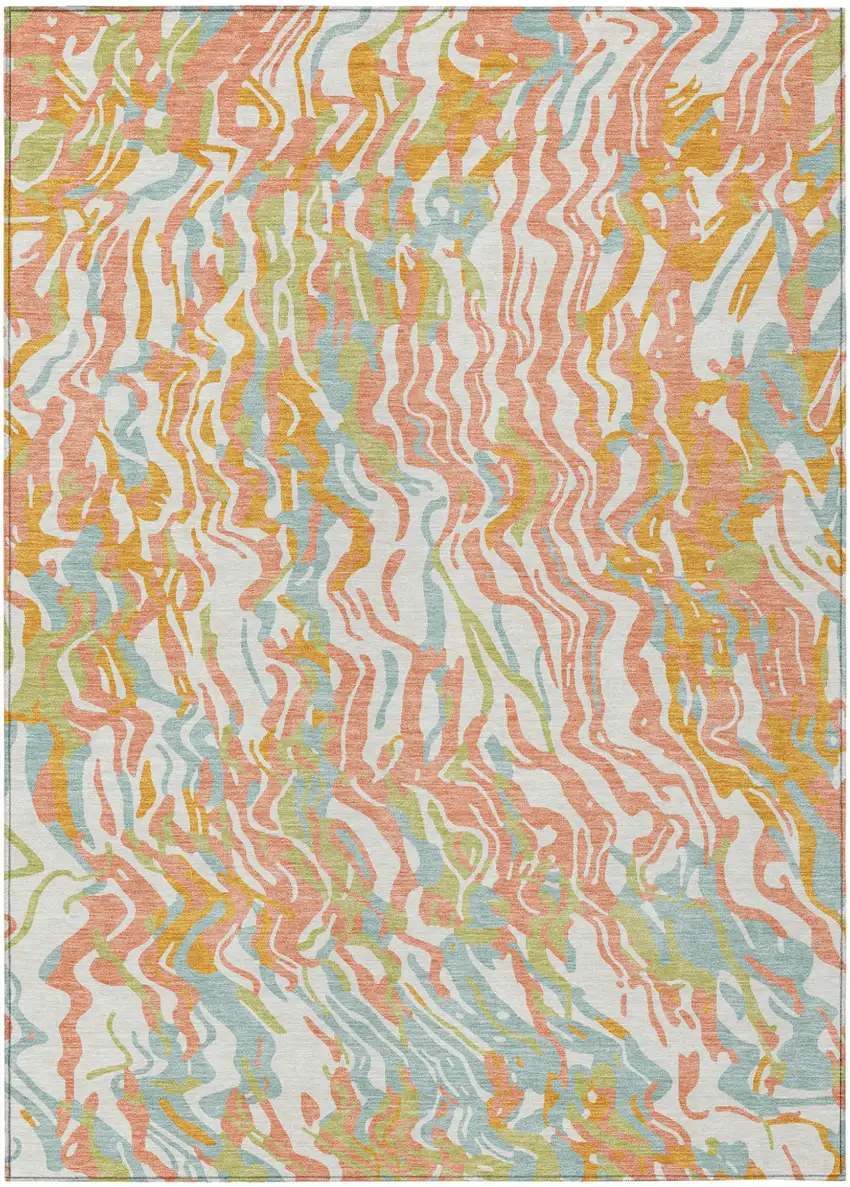 Coral Green And Copper Abstract Washable Indoor Outdoor Area Rug Photo 2