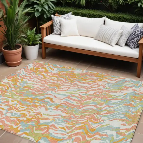 Coral Green And Copper Abstract Washable Indoor Outdoor Area Rug Photo 1