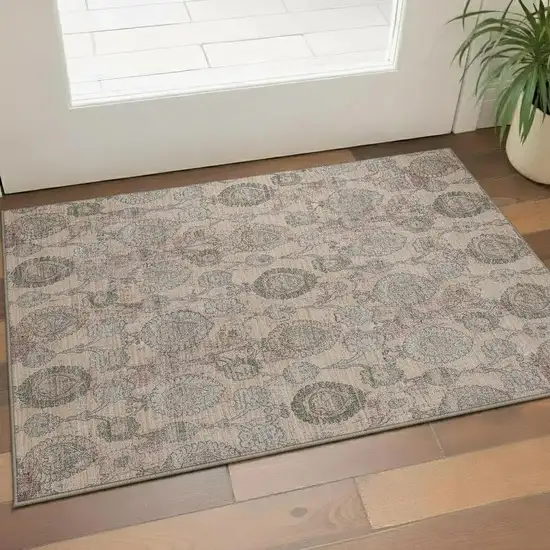 Coral Green And Gray Damask Washable Area Rug With UV Protection Photo 1