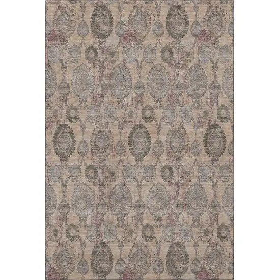 Coral Green And Gray Damask Washable Area Rug With UV Protection Photo 3