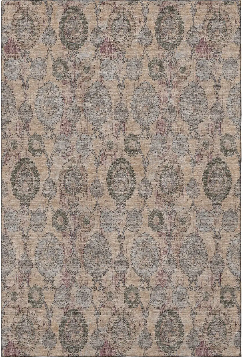 Coral Green And Gray Damask Washable Area Rug With UV Protection Photo 3