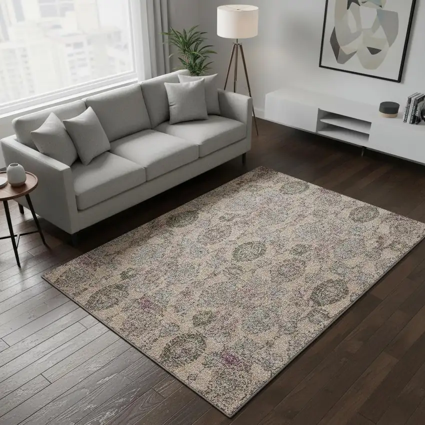 Coral Green And Gray Damask Washable Area Rug With UV Protection Photo 2