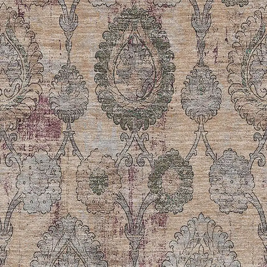 Coral Green And Gray Damask Washable Area Rug With UV Protection Photo 3