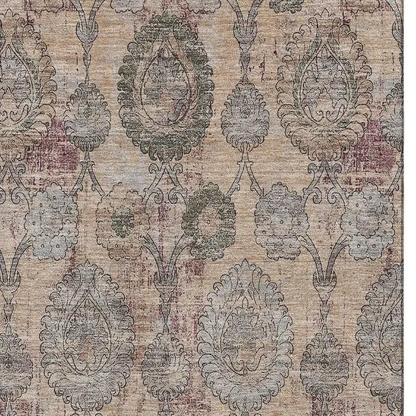 Coral Green And Gray Damask Washable Area Rug With UV Protection Photo 4