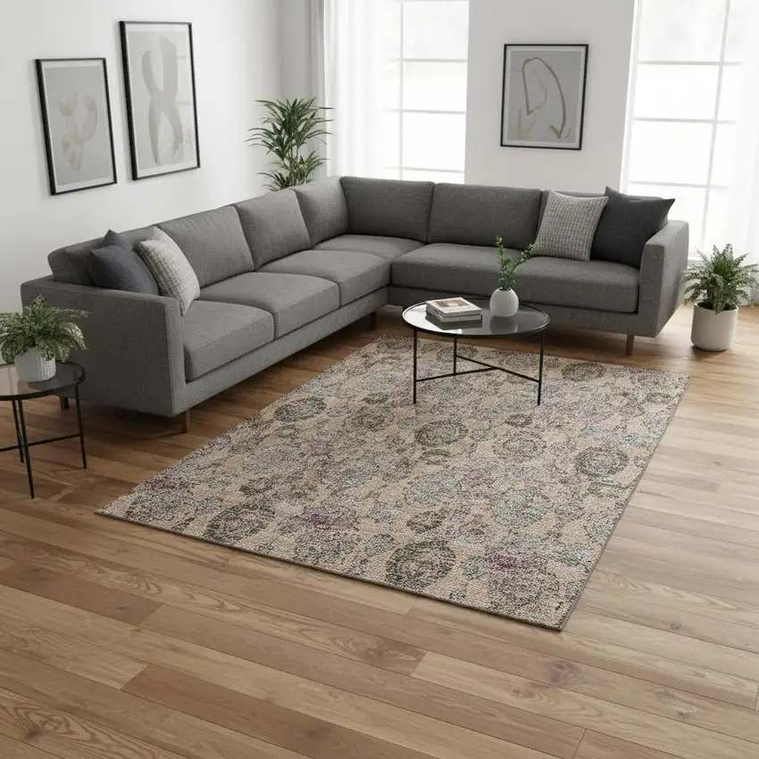 Coral Green And Gray Damask Washable Area Rug With UV Protection Photo 2