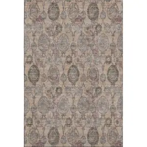 Photo of Coral Green And Gray Damask Washable Area Rug With UV Protection