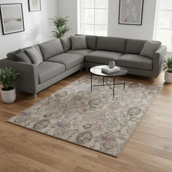 Coral Green And Gray Damask Washable Area Rug With UV Protection Photo 2