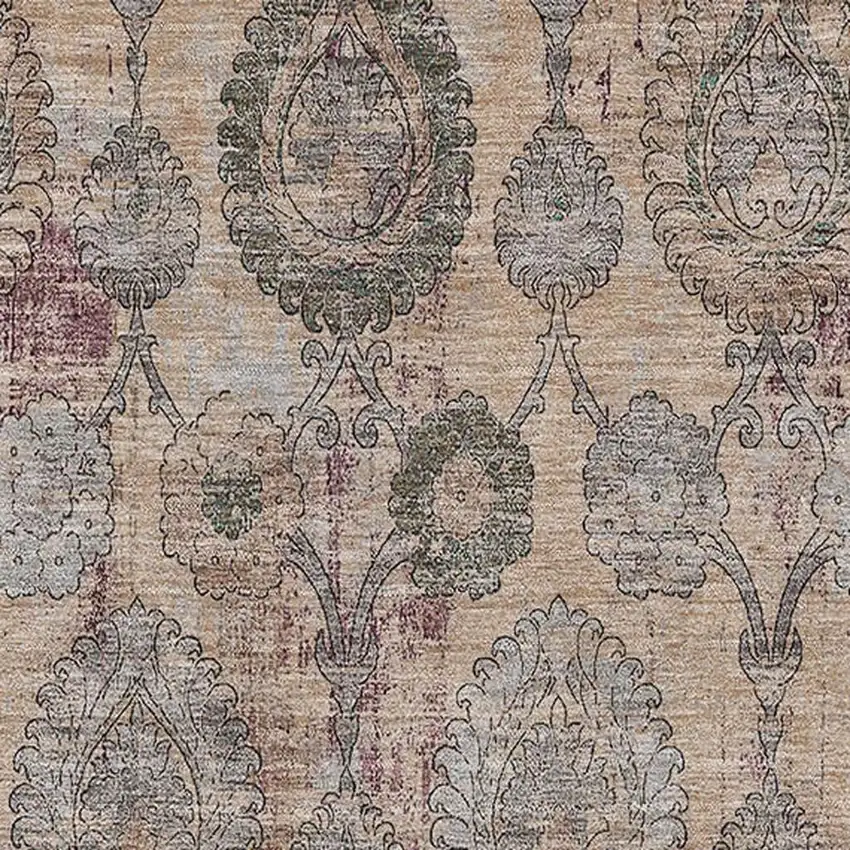 Coral Green And Gray Damask Washable Area Rug With UV Protection Photo 3