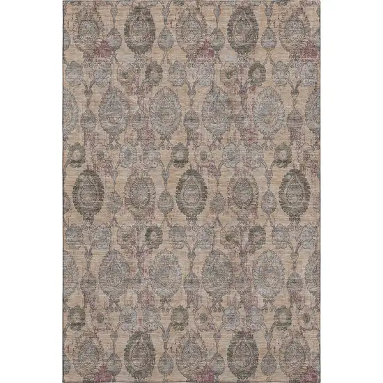 Coral Green And Gray Damask Washable Area Rug With UV Protection Photo 1