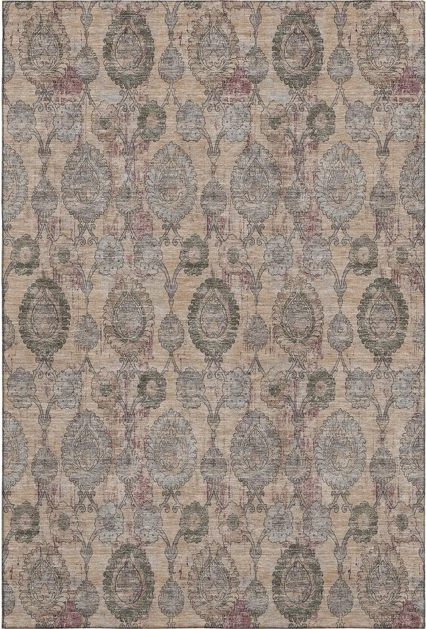 Coral Green And Gray Damask Washable Area Rug With UV Protection Photo 1