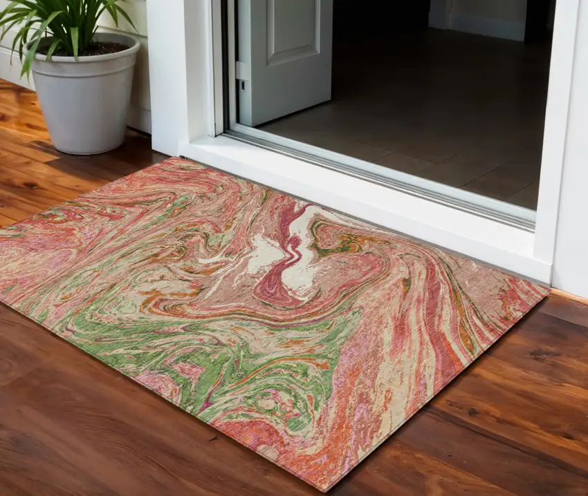 Coral Green And Ivory Abstract Washable Indoor Outdoor Area Rug Photo 1