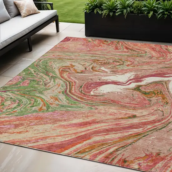 Coral Green And Ivory Abstract Washable Indoor Outdoor Area Rug Photo 1