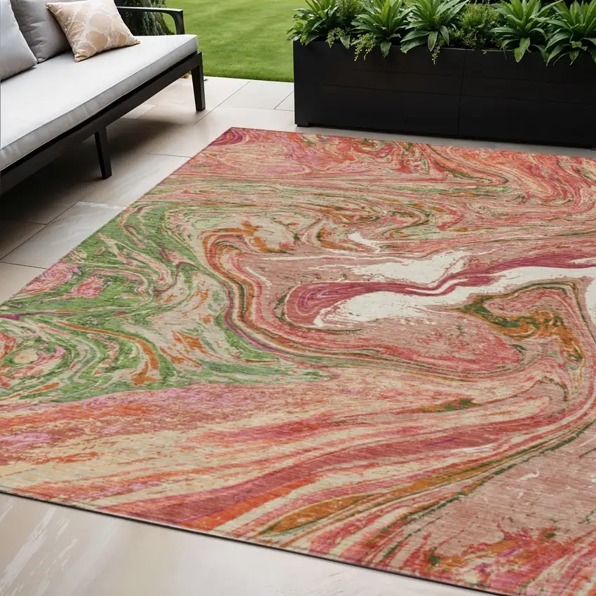 Coral Green And Ivory Abstract Washable Indoor Outdoor Area Rug Photo 1