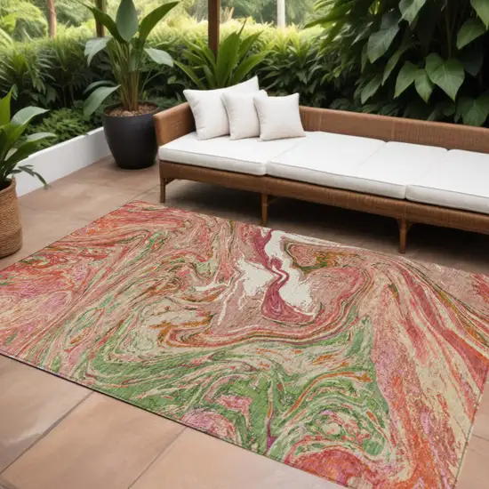 Coral Green And Ivory Abstract Washable Indoor Outdoor Area Rug Photo 1
