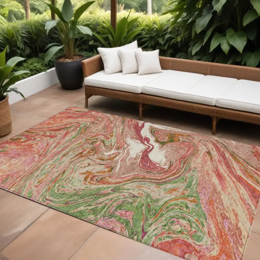 Coral Green And Ivory Abstract Washable Indoor Outdoor Area Rug Photo 1