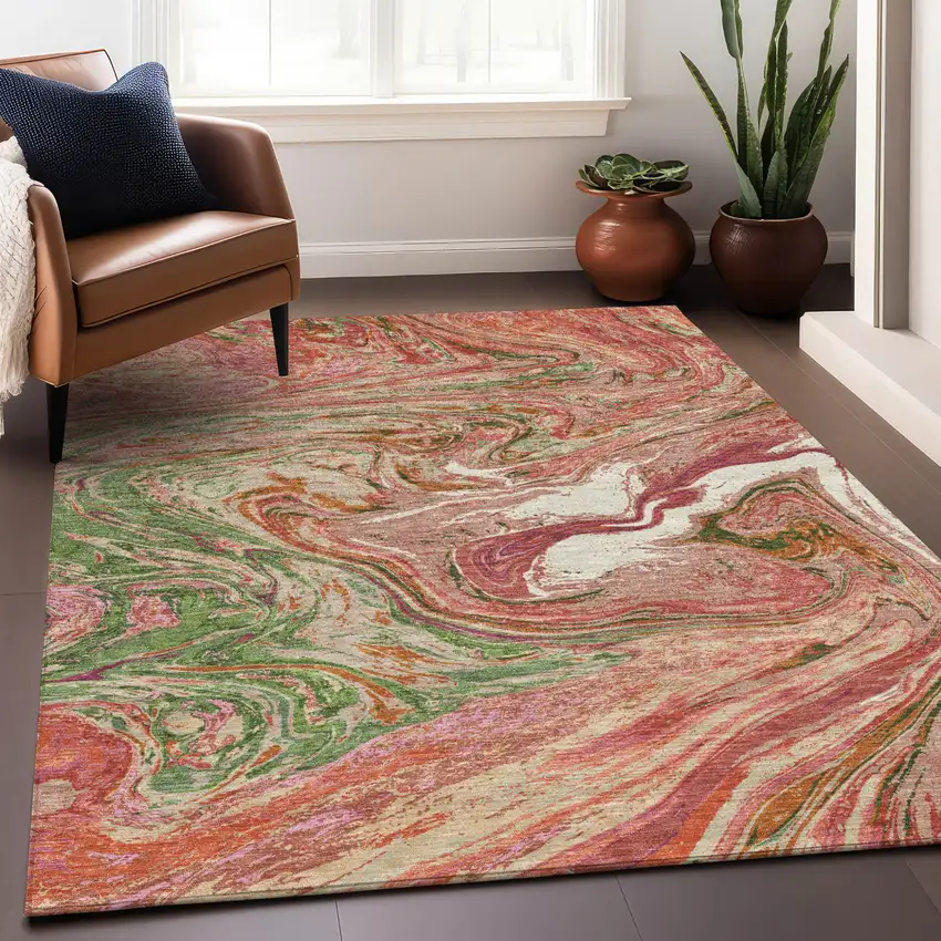 Coral Green And Ivory Abstract Washable Indoor Outdoor Area Rug Photo 9