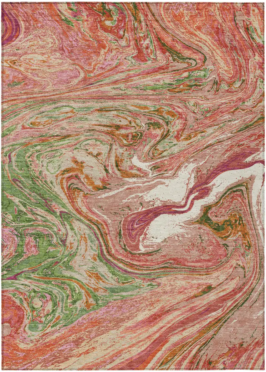 Coral Green And Ivory Abstract Washable Indoor Outdoor Area Rug Photo 2