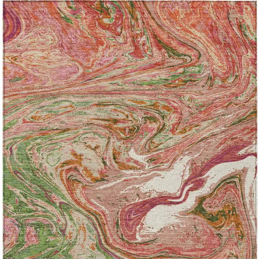 Coral Green And Ivory Abstract Washable Indoor Outdoor Area Rug Photo 7