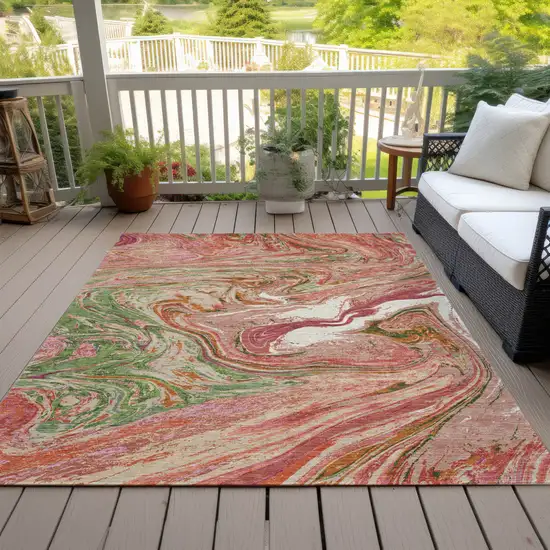 Coral Green And Ivory Abstract Washable Indoor Outdoor Area Rug Photo 8