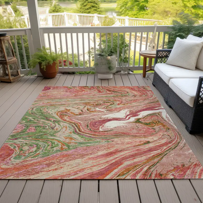Coral Green And Ivory Abstract Washable Indoor Outdoor Area Rug Photo 8