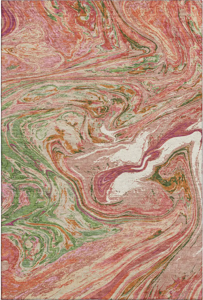 Coral Green And Peach Abstract Washable Area Rug With UV Protection Photo 4
