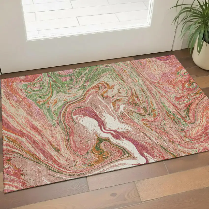 Coral Green And Peach Abstract Washable Area Rug With UV Protection Photo 2