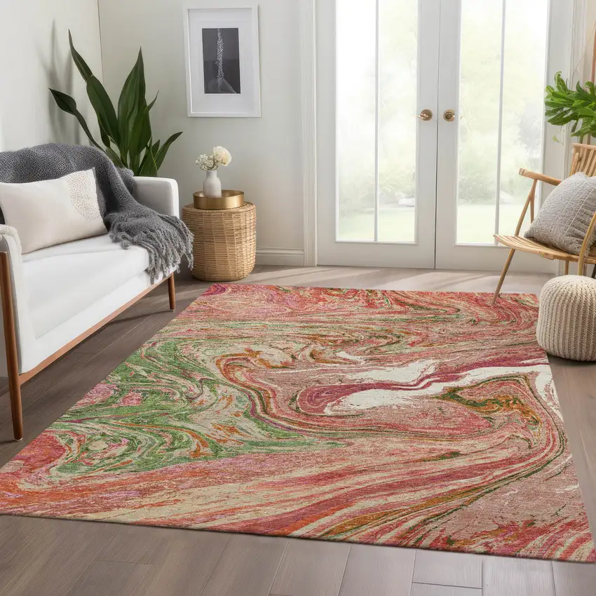 Coral Green And Peach Abstract Washable Area Rug With UV Protection Photo 3