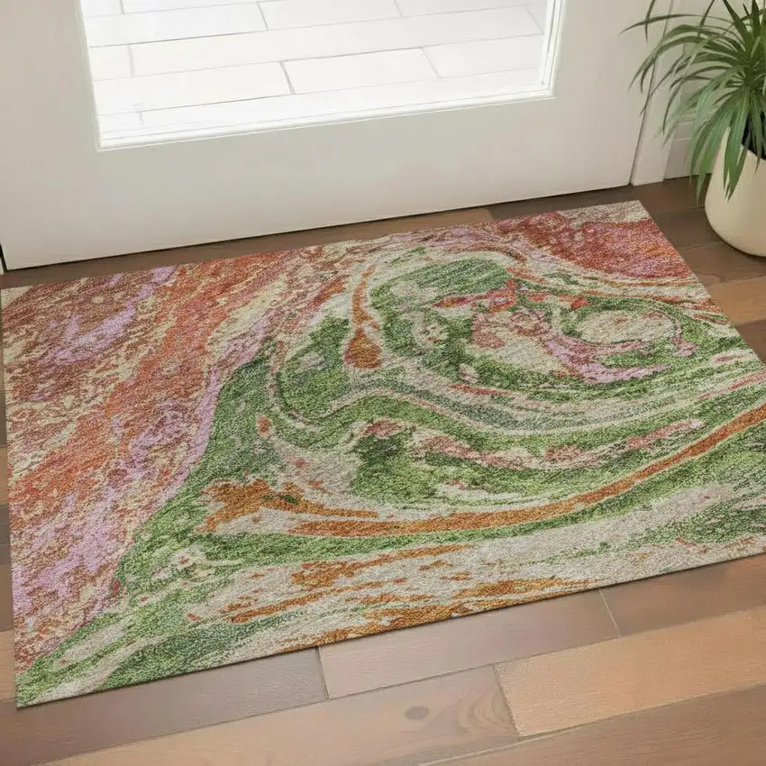Coral Green And Peach Abstract Washable Area Rug With UV Protection Photo 2
