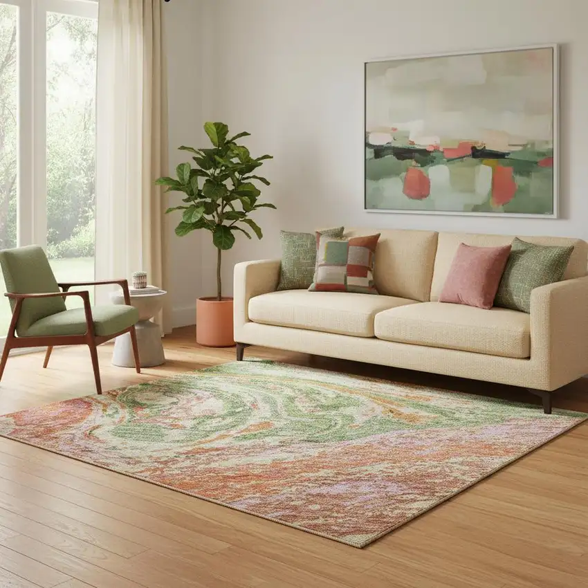 Coral Green And Peach Abstract Washable Area Rug With UV Protection Photo 2