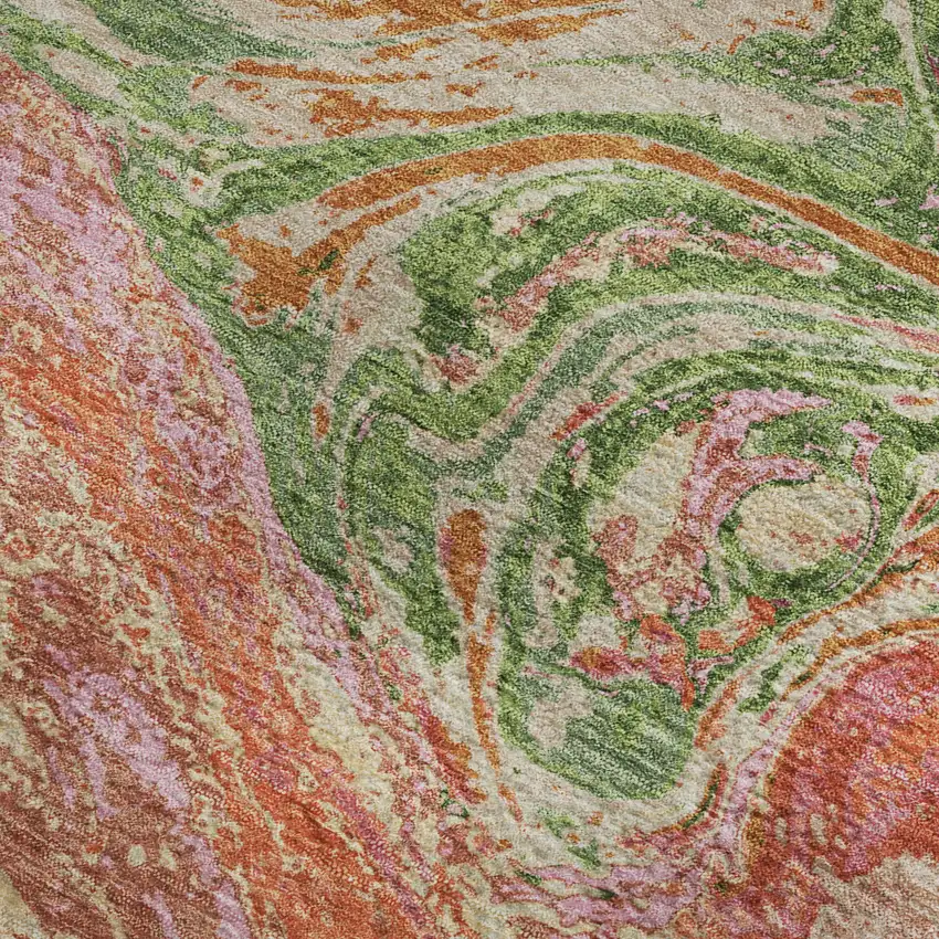 Coral Green And Peach Abstract Washable Area Rug With UV Protection Photo 2