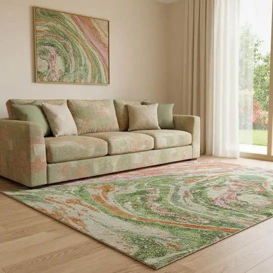 Coral Green And Peach Abstract Washable Area Rug With UV Protection Photo 2