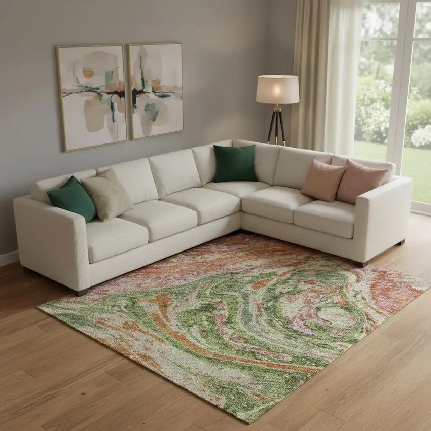 Coral Green And Peach Abstract Washable Area Rug With UV Protection Photo 2