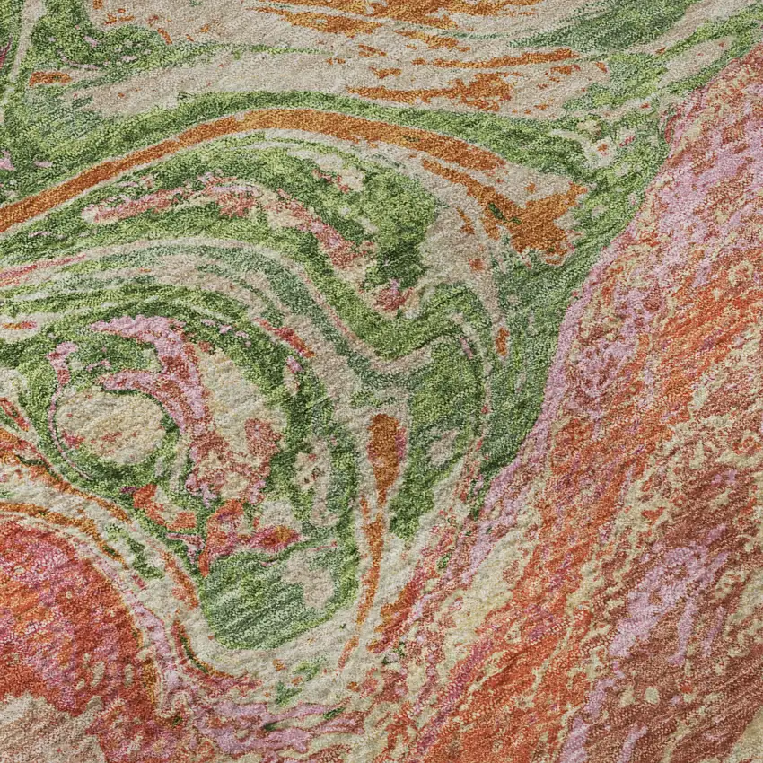 Coral Green And Peach Abstract Washable Area Rug With UV Protection Photo 1