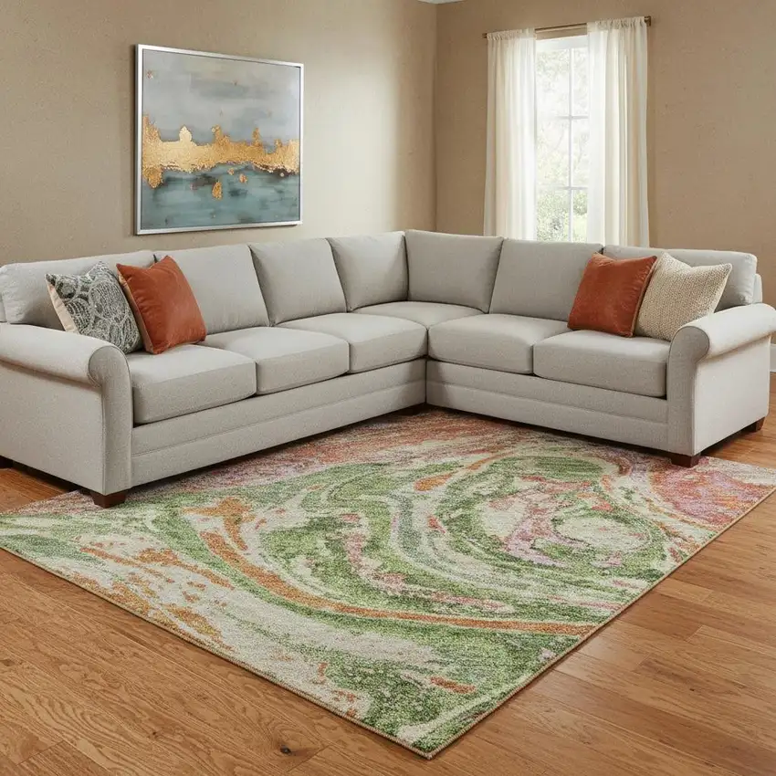 Coral Green And Peach Abstract Washable Area Rug With UV Protection Photo 2