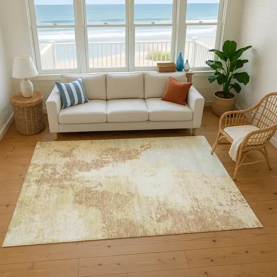 Coral Ivory And Beige Abstract Washable Area Rug With UV Protection Photo 4
