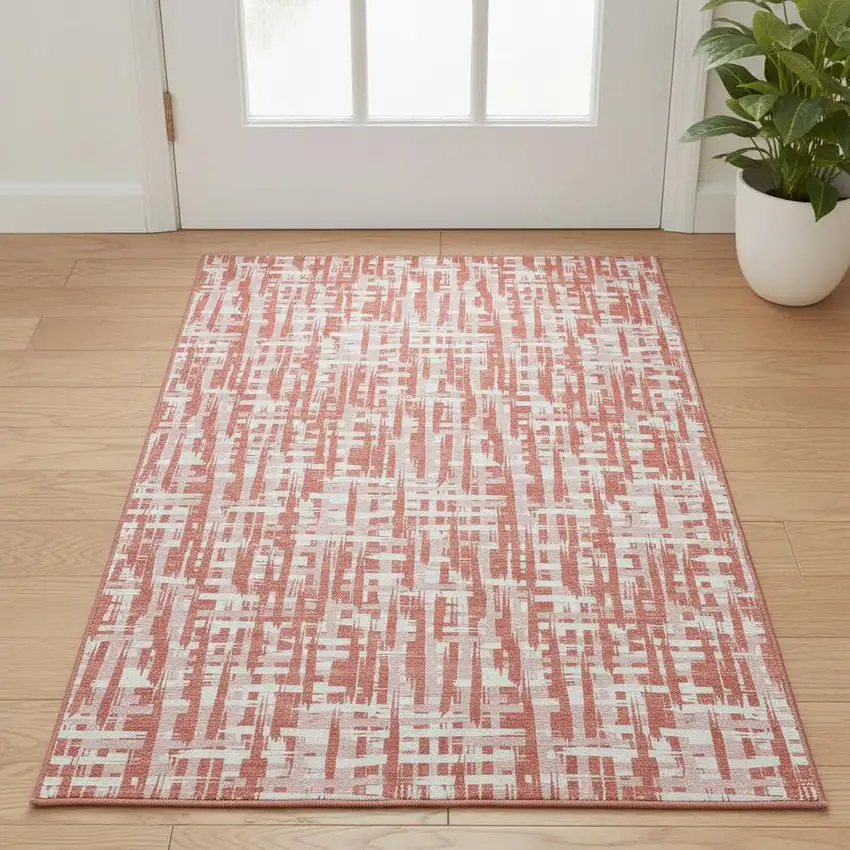 Coral Ivory And Blush Abstract Geometric Washable Area Rug With UV Protection Photo 2