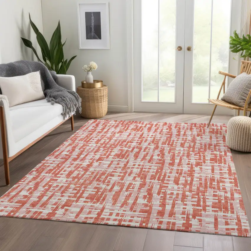 Coral Ivory And Blush Abstract Geometric Washable Area Rug With UV Protection Photo 5