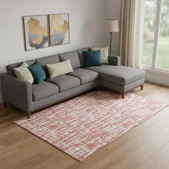 Coral Ivory And Blush Abstract Geometric Washable Area Rug With UV Protection Photo 2