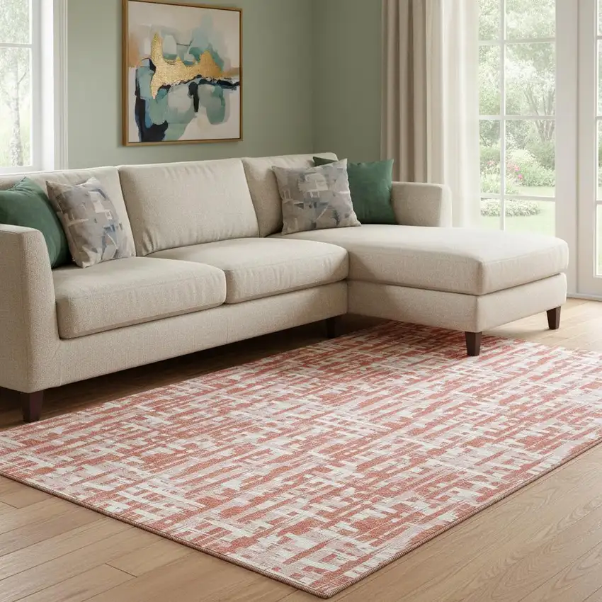 Coral Ivory And Blush Abstract Geometric Washable Area Rug With UV Protection Photo 2