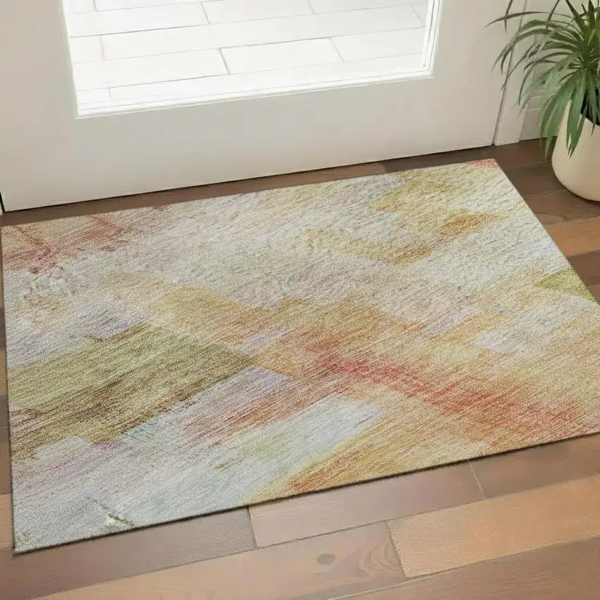 Coral Ivory And Gold Abstract Geometric Washable Area Rug With UV Protection Photo 2