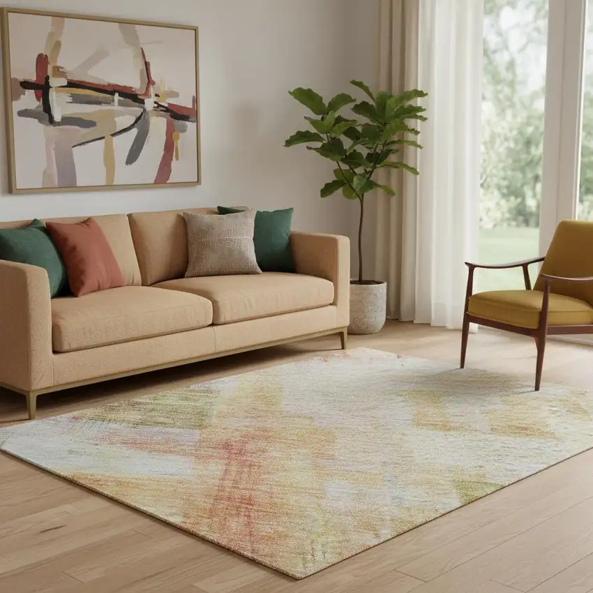 Coral Ivory And Gold Abstract Geometric Washable Area Rug With UV Protection Photo 2