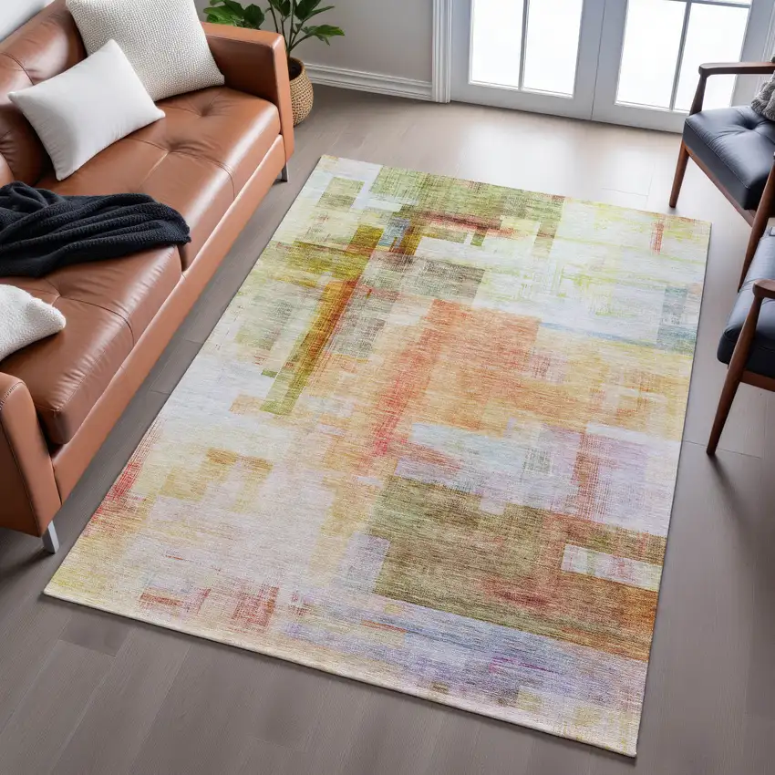 Coral Ivory And Gold Abstract Geometric Washable Area Rug With UV Protection Photo 5