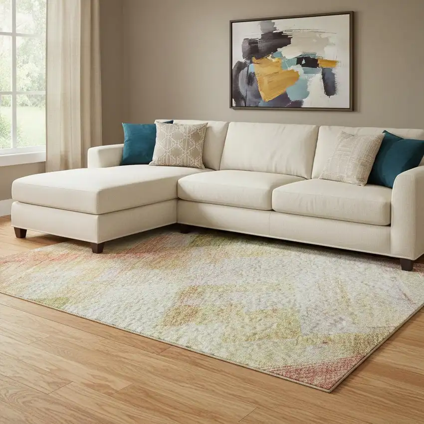 Coral Ivory And Gold Abstract Geometric Washable Area Rug With UV Protection Photo 2