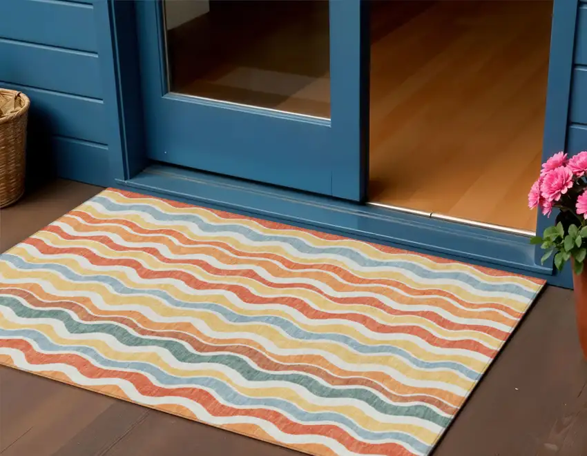 Coral Ivory And Gold Striped Washable Indoor Outdoor Area Rug Photo 1