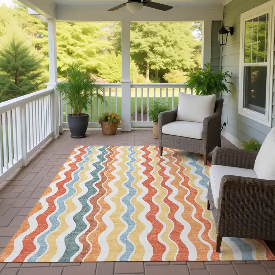 Coral Ivory And Gold Striped Washable Indoor Outdoor Area Rug Photo 9