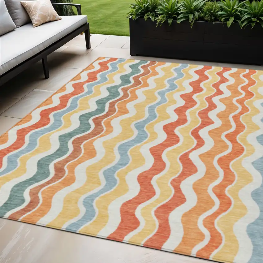 Coral Ivory And Gold Striped Washable Indoor Outdoor Area Rug Photo 1